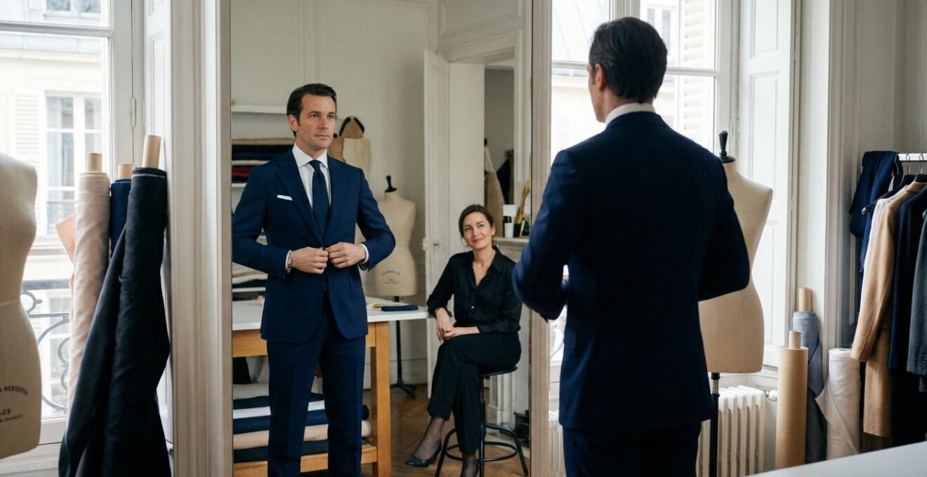 Futur marié en essayage de costume bleu nuit dans atelier parisien avec fiancée observant