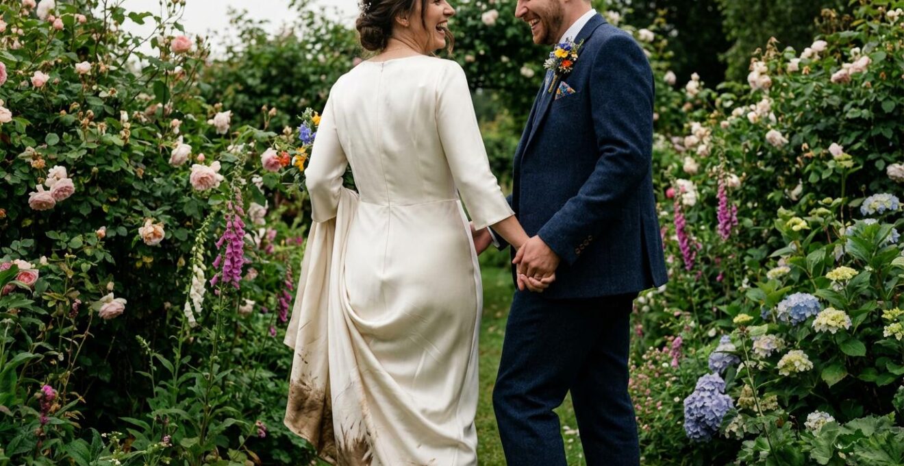 Couple de mariés marchant dans jardin fleuri montrant harmonie costume bleu et robe ivoire