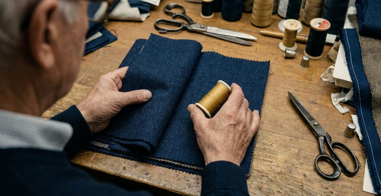 Tailleur présentant échantillons tissus bleu et doré pour coordination costume mariage