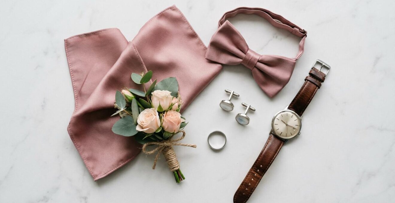 Accessoires marié pochette rose poudré nœud papillon et boutonnière coordination mariage