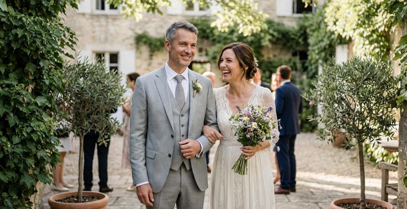 Couple de mariés harmonieusement coordonnés costume gris et robe ivoire dans jardin château