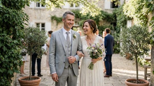 Couple de mariés harmonieusement coordonnés costume gris et robe ivoire dans jardin château