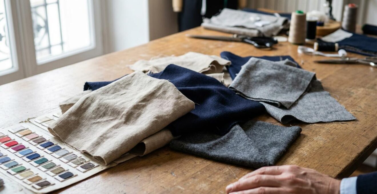 Échantillons de tissus beige lin et bleu nuit sur table d'atelier tailleur coordination mariage