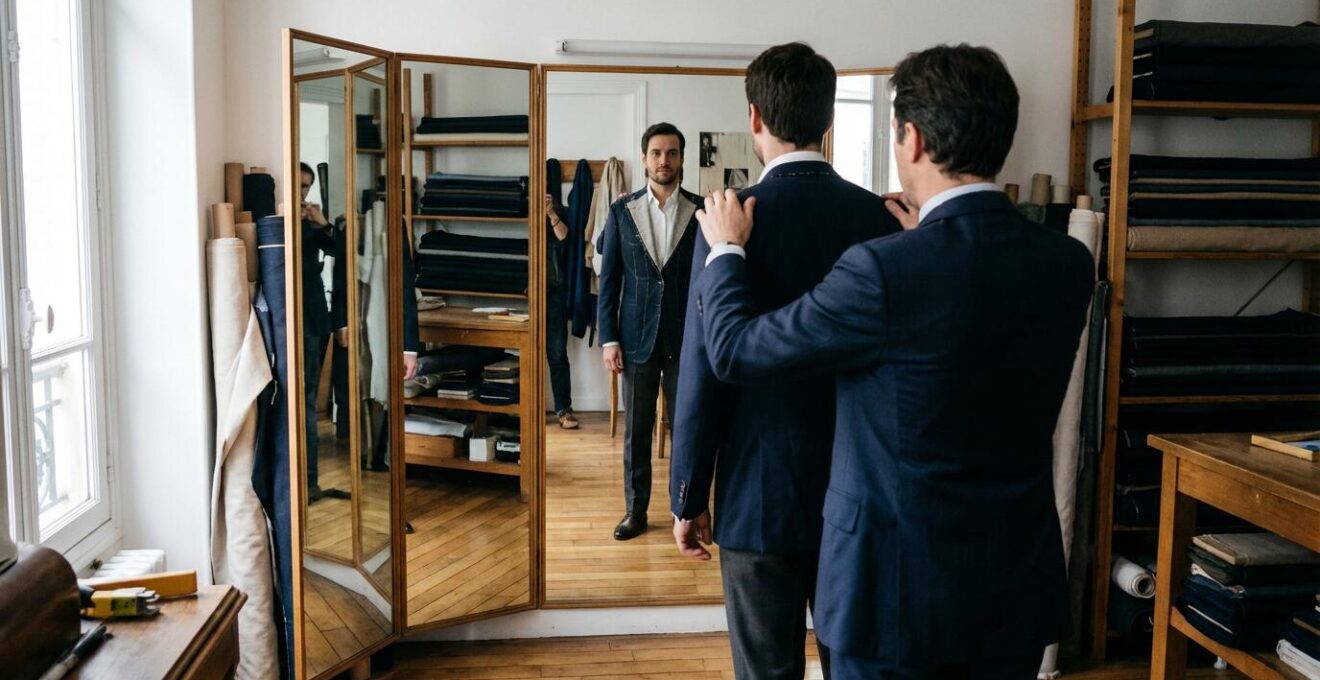 Marié en essayage costume devant miroir triptyque atelier tailleur parisien