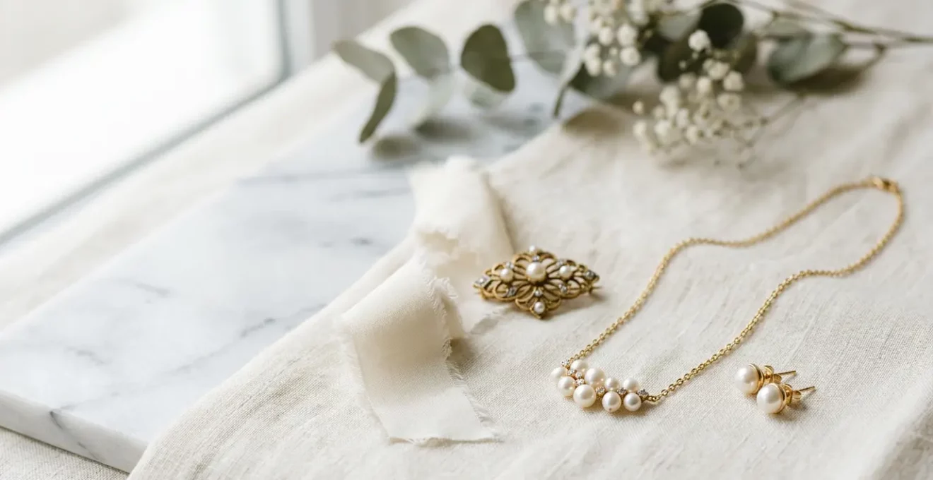 Détails d'accessoires de mariage élégants disposés avec sobriété sur fond épuré