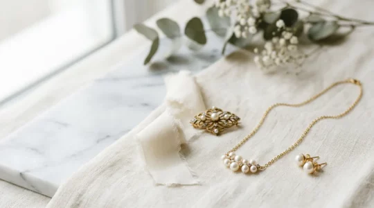 Détails d'accessoires de mariage élégants disposés avec sobriété sur fond épuré
