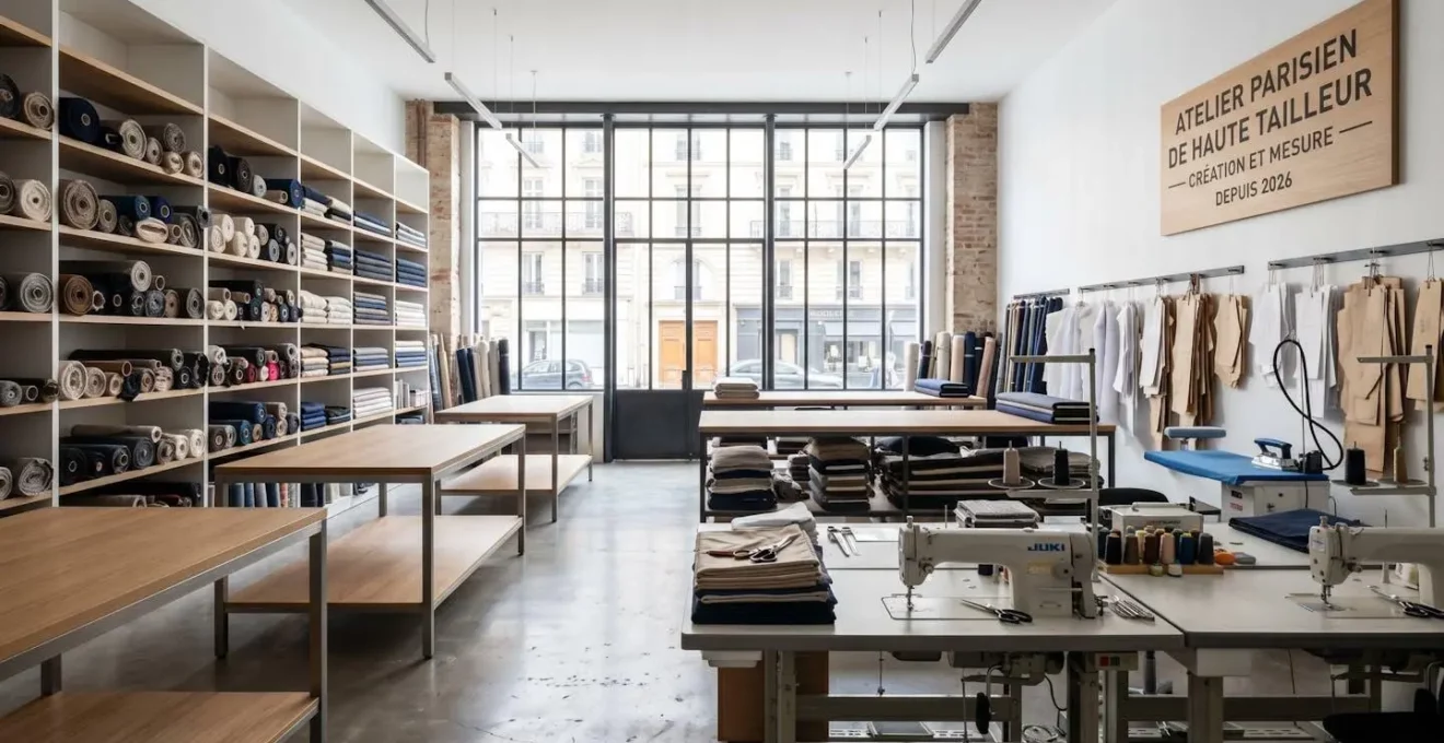 Vue d'ensemble d'un atelier de tailleur parisien contemporain avec grandes fenêtres, tables de travail organisées et rouleaux de tissus rangés sur des étagères, sans présence humaine au premier plan