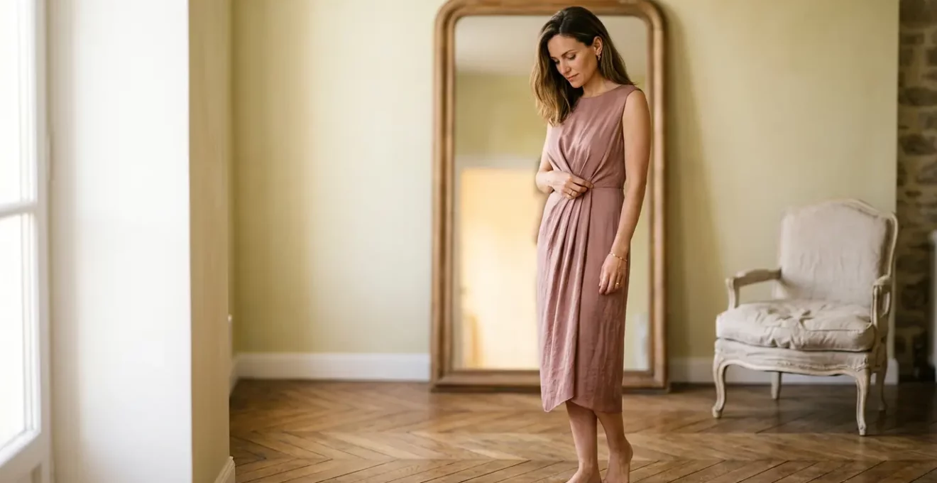 Femme élégante ajustant une robe cocktail devant un miroir avec lumière douce et arrière-plan minimaliste