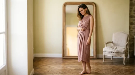 Femme élégante ajustant une robe cocktail devant un miroir avec lumière douce et arrière-plan minimaliste