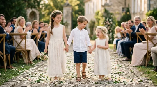 Cortège d'enfants lors d'un mariage élégant en France
