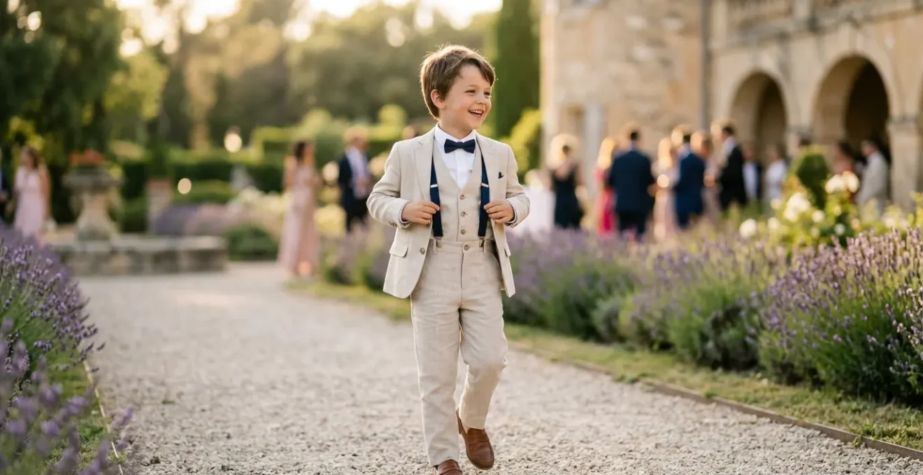Petit garçon élégant en costume de cérémonie sur une pelouse ensoleillée lors d'un mariage en France