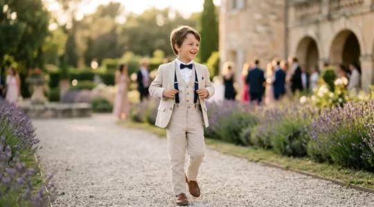 Petit garçon élégant en costume de cérémonie sur une pelouse ensoleillée lors d'un mariage en France
