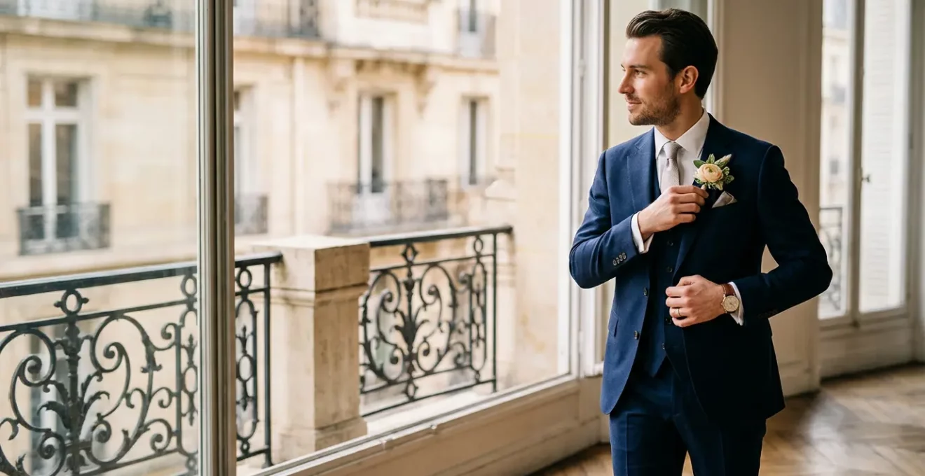 Homme élégant en costume trois-pièces pour mariage dans un cadre raffiné