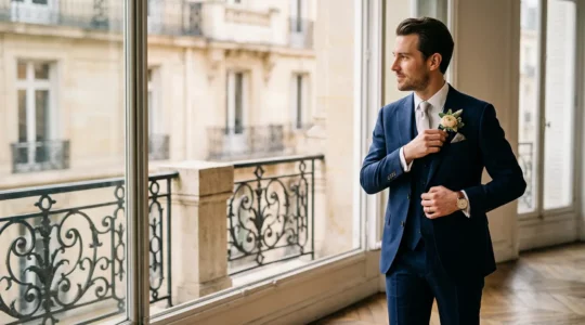 Homme élégant en costume trois-pièces pour mariage dans un cadre raffiné