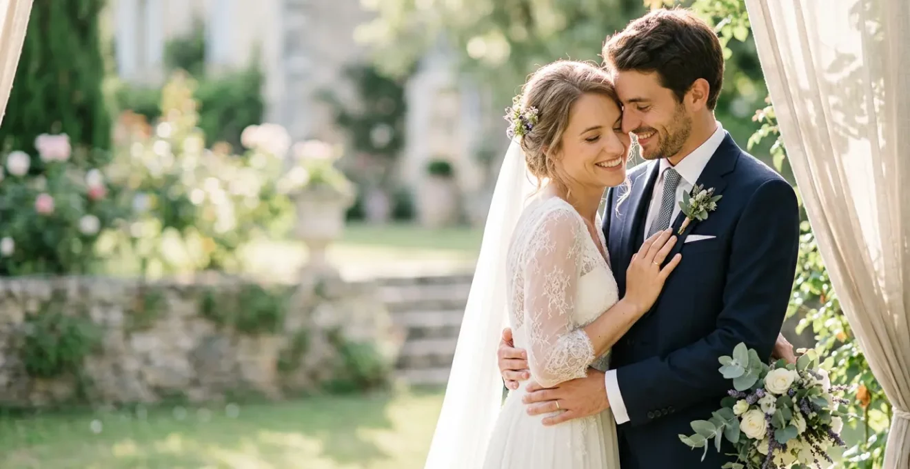 Couple de mariés profitant sereinement de leur journée de mariage