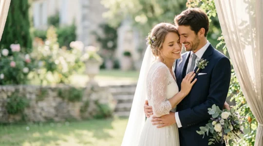 Couple de mariés profitant sereinement de leur journée de mariage