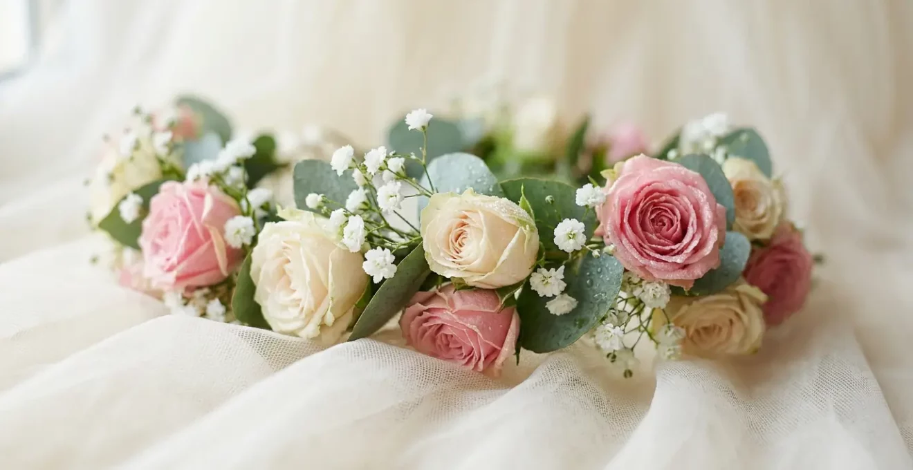 Couronne de fleurs délicate posée sur un voile de mariée dans une lumière douce