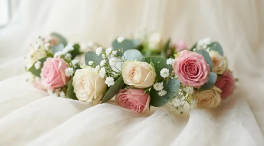 Couronne de fleurs délicate posée sur un voile de mariée dans une lumière douce