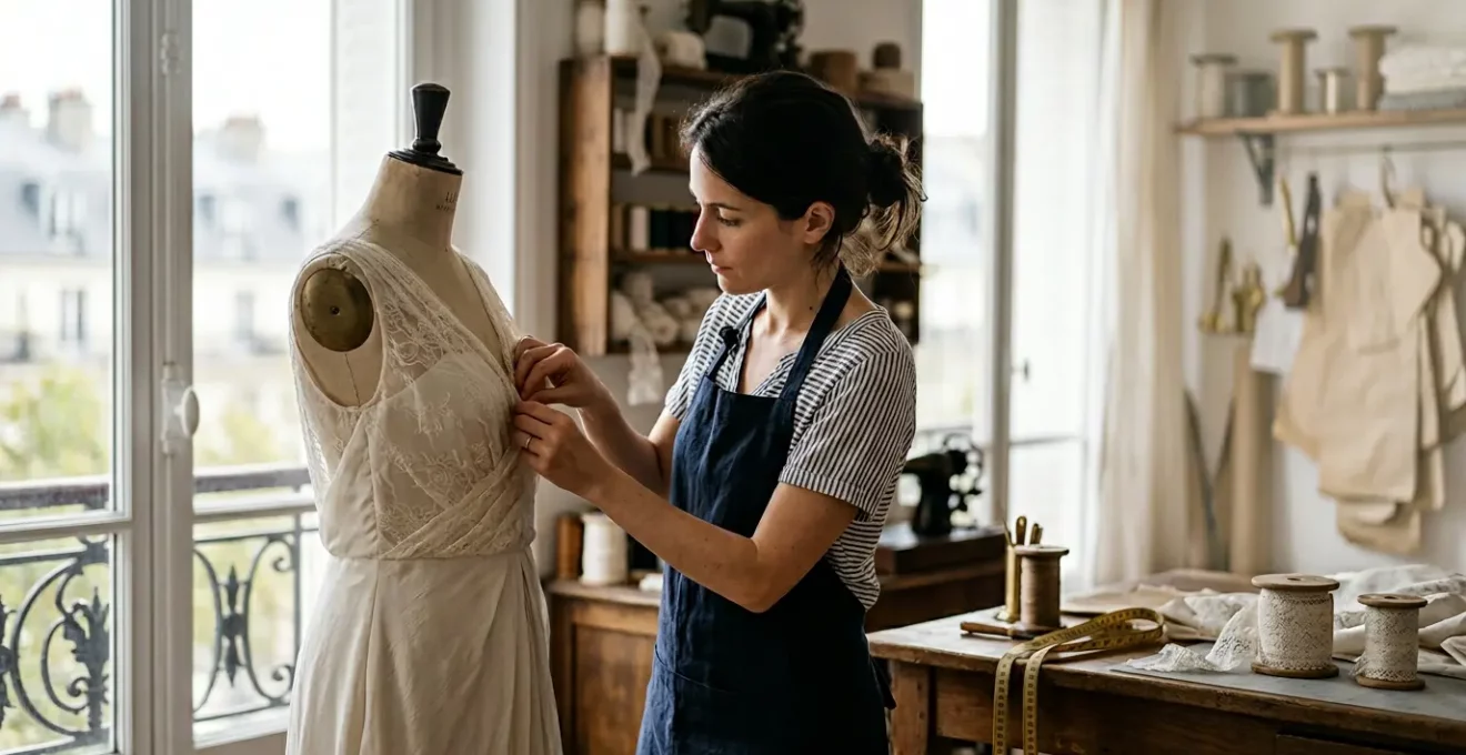 Créatrice française travaillant sur une robe de mariée dans son atelier de couture