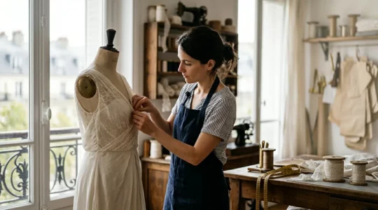 Créatrice française travaillant sur une robe de mariée dans son atelier de couture
