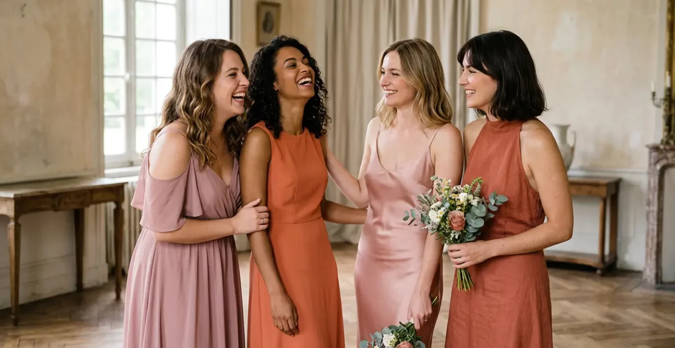 Groupe de demoiselles d'honneur en robes coordonnées de teintes complémentaires, réunies dans une lumière naturelle douce, célébrant l'amitié et le respect de l'individualité