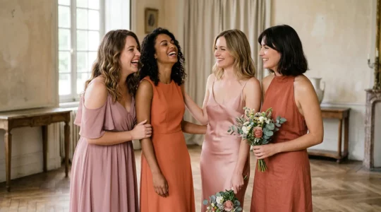 Groupe de demoiselles d'honneur en robes coordonnées de teintes complémentaires, réunies dans une lumière naturelle douce, célébrant l'amitié et le respect de l'individualité