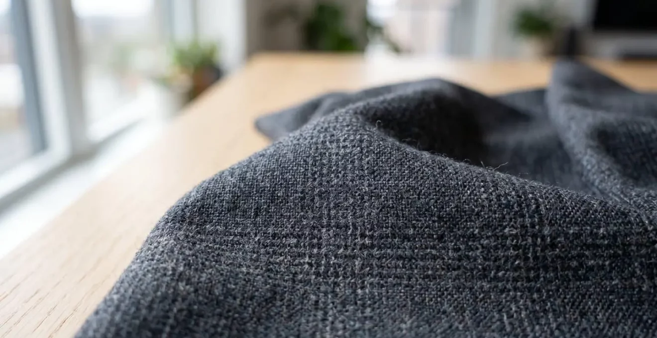 Gros plan détaillé sur la texture d'un tissu de laine haut de gamme pour costume, montrant la trame fine du tissage avec une profondeur de champ réduite