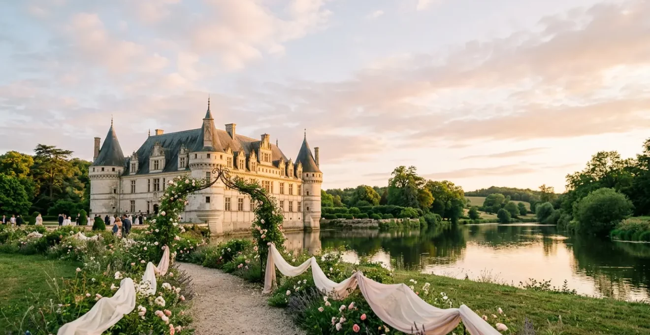 Couple de mariés dans un château français au coucher du soleil, ambiance féérique et romantique