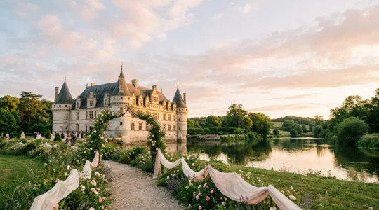 Couple de mariés dans un château français au coucher du soleil, ambiance féérique et romantique