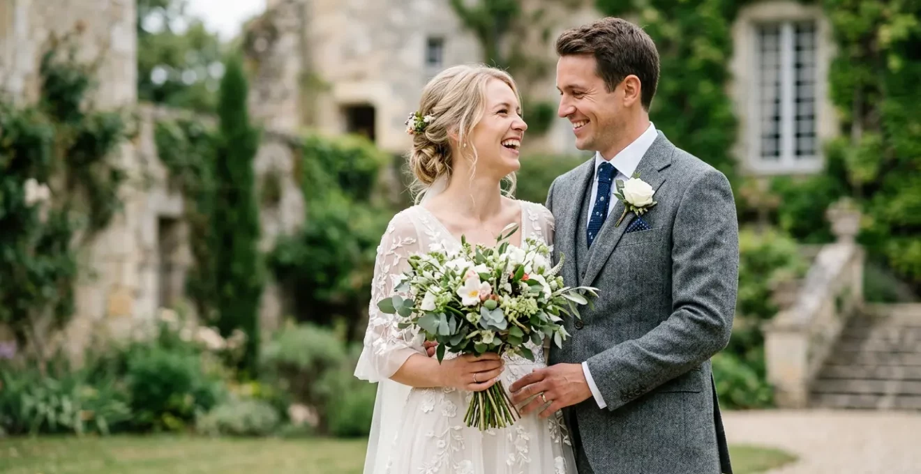 Marié élégant en costume et mariée en robe harmonieusement assortis dans une ambiance raffinée française
