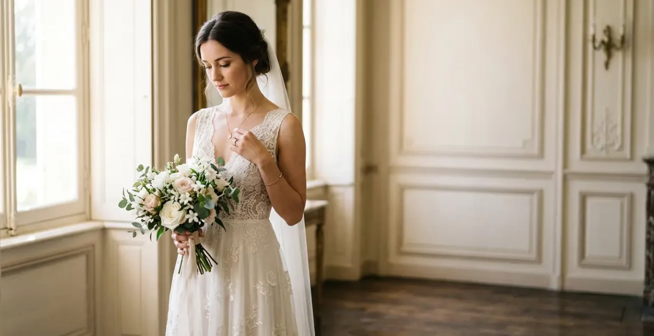 Mariée rayonnante dans sa robe de mariée, lumière naturelle douce
