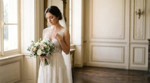 Mariée rayonnante dans sa robe de mariée, lumière naturelle douce