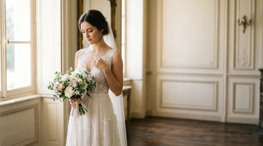 Mariée rayonnante dans sa robe de mariée, lumière naturelle douce