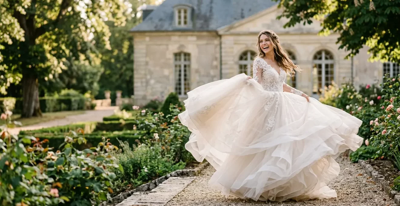 Mariée rayonnante dans une robe de mariée princesse volumineuse, évoluant avec grâce et confort lors de son mariage