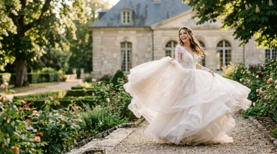 Mariée rayonnante dans une robe de mariée princesse volumineuse, évoluant avec grâce et confort lors de son mariage