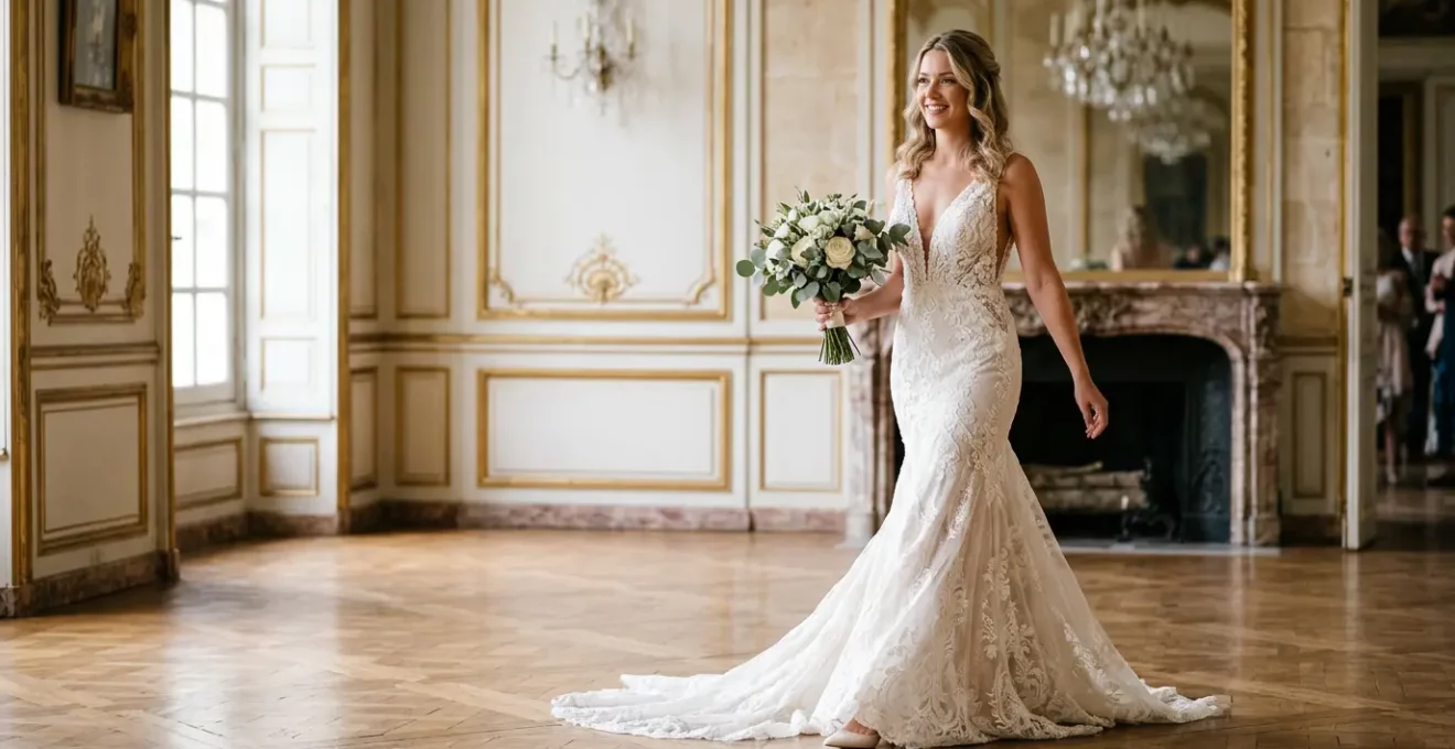Mariée portant une robe sirène avec assurance et élégance dans un décor raffiné français