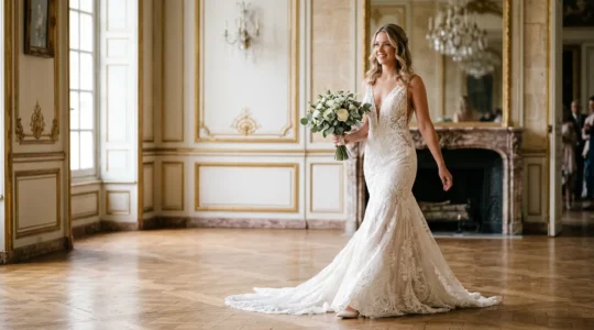 Mariée portant une robe sirène avec assurance et élégance dans un décor raffiné français