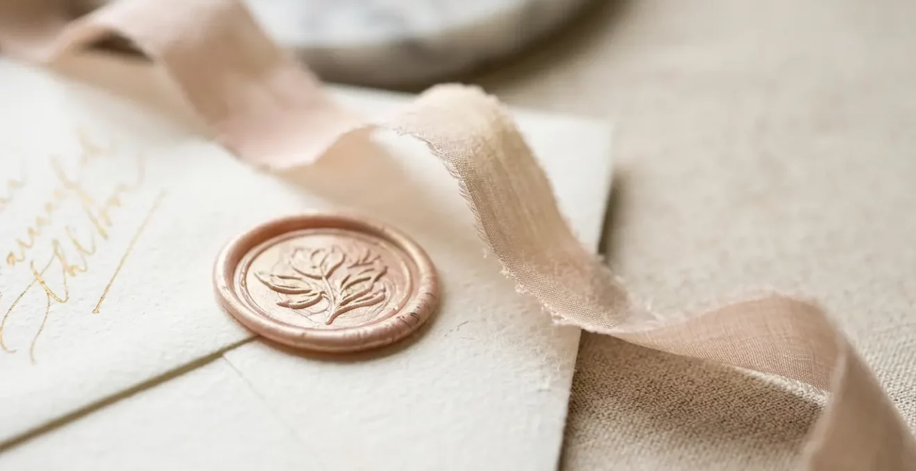 Papeterie de mariage raffinée avec enveloppe texturée et cachet de cire posés sur une surface claire