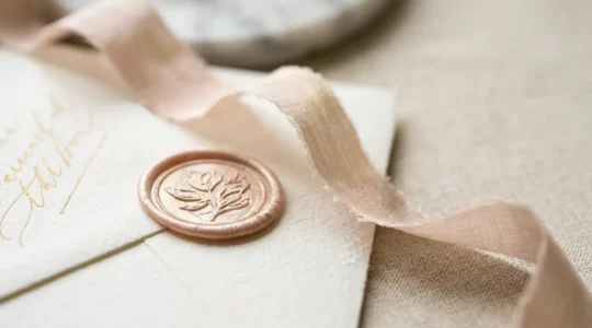 Papeterie de mariage raffinée avec enveloppe texturée et cachet de cire posés sur une surface claire