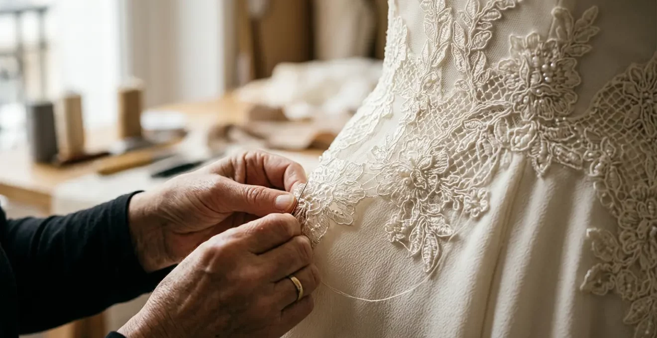 Détails de confection artisanale d'une robe de mariée française dans un atelier de couture