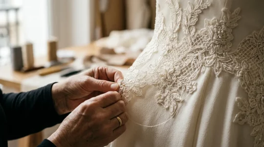 Détails de confection artisanale d'une robe de mariée française dans un atelier de couture