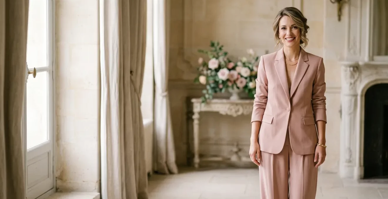 Femme élégante portant un tailleur-pantalon sophistiqué pour un mariage, incarnant le chic français contemporain