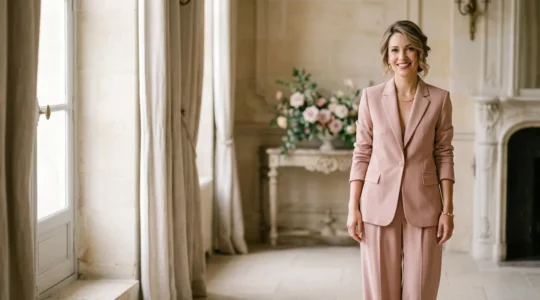 Femme élégante portant un tailleur-pantalon sophistiqué pour un mariage, incarnant le chic français contemporain