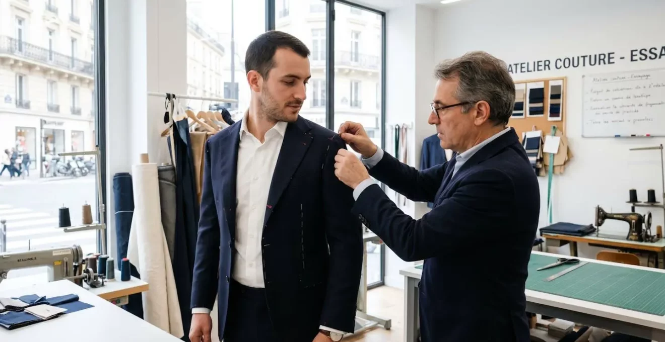 Un tailleur ajuste la veste d'un costume sur un client vu de profil dans un atelier parisien lumineux lors d'un essayage