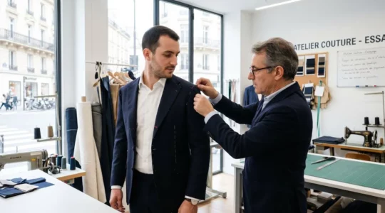 Un tailleur ajuste la veste d'un costume sur un client vu de profil dans un atelier parisien lumineux lors d'un essayage