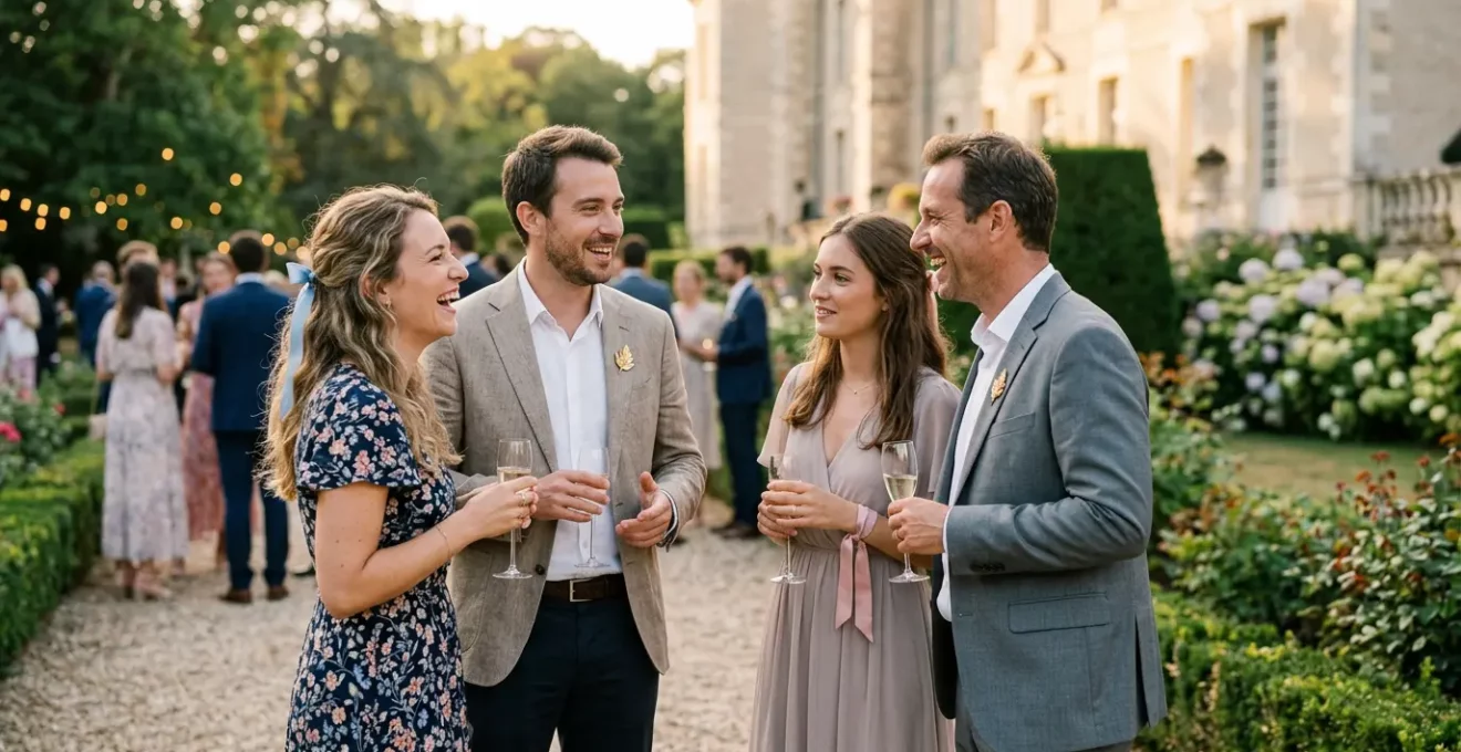 Scène élégante de mariage français avec des invités portant un accessoire signature coordonné