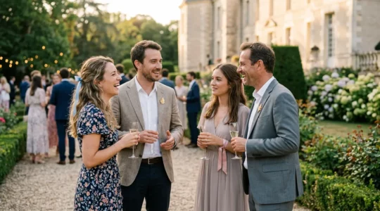 Scène élégante de mariage français avec des invités portant un accessoire signature coordonné