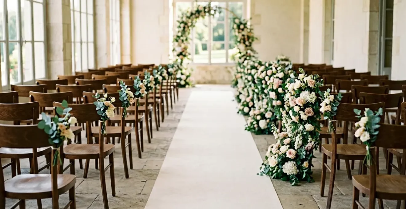 Allée de cérémonie de mariage décorée avec progression florale menant vers l'autel