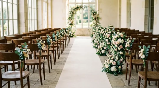 Allée de cérémonie de mariage décorée avec progression florale menant vers l'autel