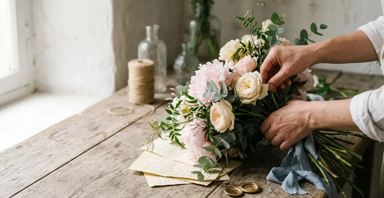 Composition florale romantique de mariage avec pivoines et roses racontant une histoire personnelle